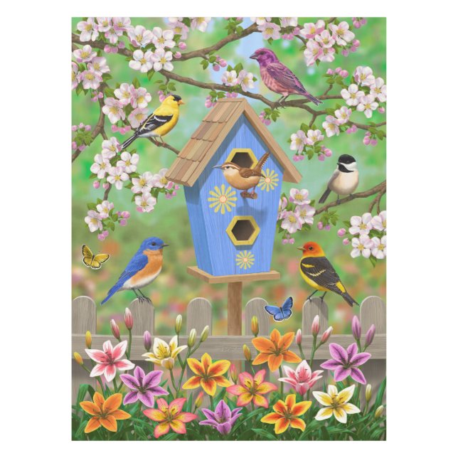 Songbirds Lily Garden Birdhouse Tischdecke (Vorderseite)