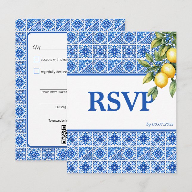 🌈  Songwunsch + QR-Code Azul & Limone Romance RSVP Karte (Vorne/Hinten)
