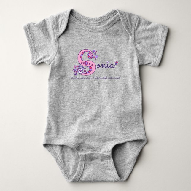 Sonia Girls Name & Bedeutung S monogram Babympe Baby Strampler (Vorderseite)