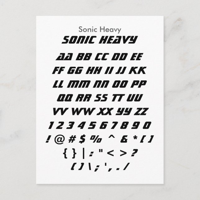 Sonic Heavy - Zazzle-Schriftart-Samplerblatt Postkarte (Vorderseite)