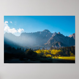 Sonne auf Pferden am See Fusine, Italien Poster