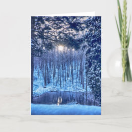 Sonne durch Bäume zum Teich im Schnee Feiertagskarte