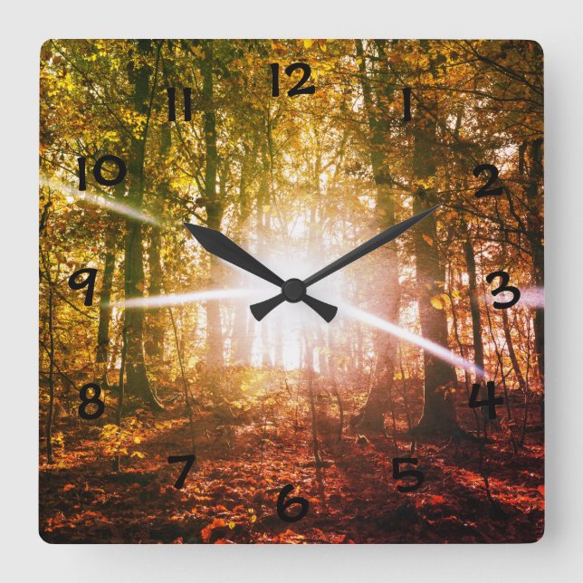 Sonne im Herbstwald Quadratische Wanduhr (Vorderseite)