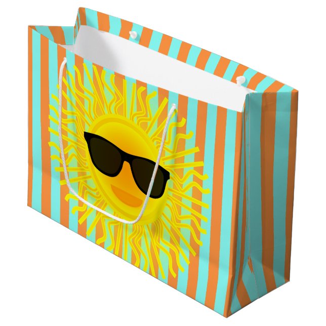 Sonne mit dunkler Sonnenbrille auf Aqua & Orange S Große Geschenktüte (Vorderseite Schrägansicht)