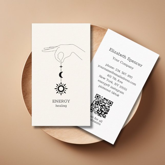 Sonne Mond Beige QR-Code Visitenkarte (Beige Hand Sun Moon Illustration QR Code Business Card. Modern Whimsical. )
