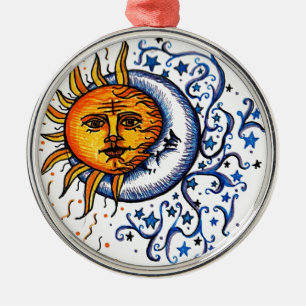 SONNE-MOND-KUNST-ENTWURF SILBERNES ORNAMENT