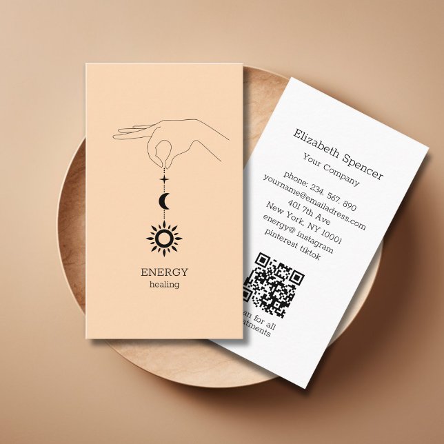 Sonne Mond Pfirsich QR-Code Visitenkarte (Peach Hand Sun Moon Illustration QR Code Business Card. Modern Whimsical. )