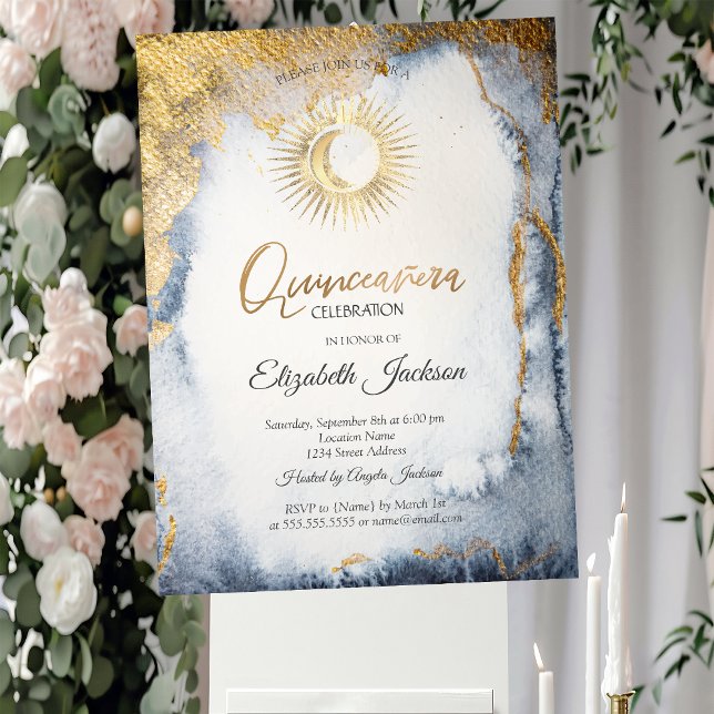 Sonne, Mond, Sterne Wasserfarbe Gold Quinceanera Einladung (Von Creator hochgeladen)