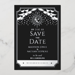 Sonne Mond Tarot Hochzeit Silber Schwarz Save the Folieneinladung