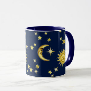 Sonne, Mond und Sterne auf dunklem Blau Tasse