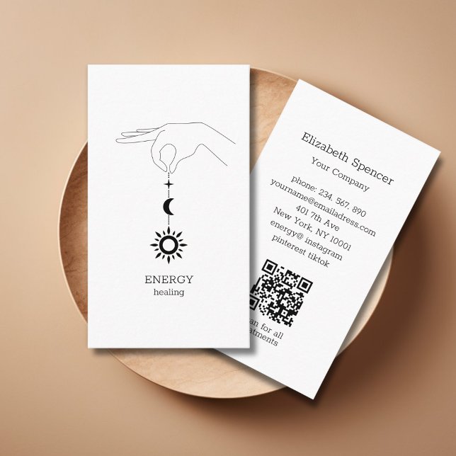 Sonne Mond Weiße QR-Code Visitenkarte (White Hand Sun Moon Illustration QR Code Business Card. Modern Whimsical. )
