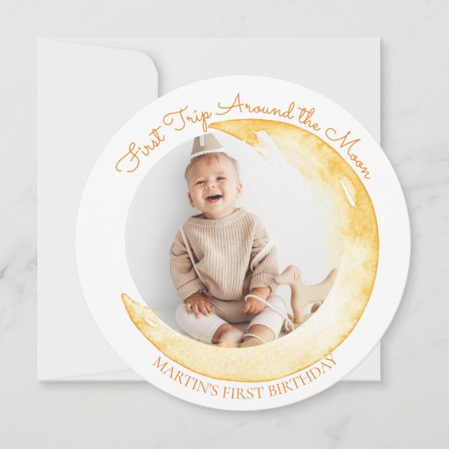 Sonne | Moon Foto Kindergeburtstag Orange Einladung (Vorderseite)