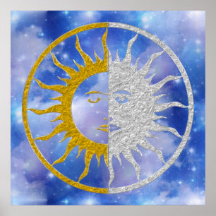 SONNE u. MOND Symbol - Goldsilberner Himmel Poster