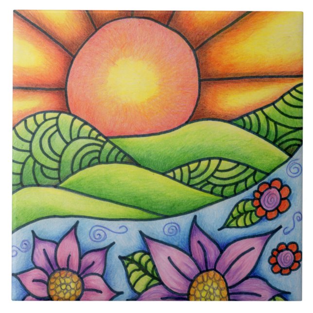Sonne über Hügelstrom und Blumen Fliese (Vorderseite)