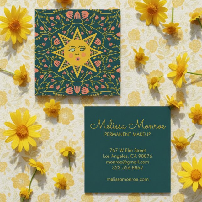 Sonne und Blumen Reben Elegante Quadratische Visitenkarte (Sun & Flowering Vines Elegant Boho Square Business Card
)