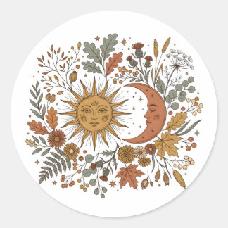Sonne und Halbmond Botanischer Herbst Hoodie Runder Aufkleber
