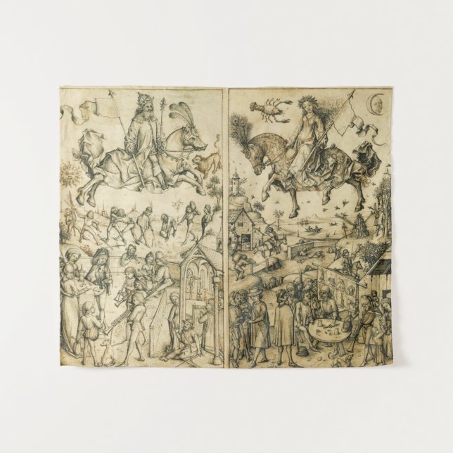 SONNE UND MOND antikes Schwarz-weißes Wandteppich (Vorderseite (Horizontal))