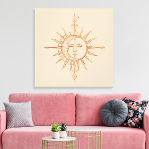Sonne und Mond Harmonie – Boho Himmelslinienkunst Leinwanddruck