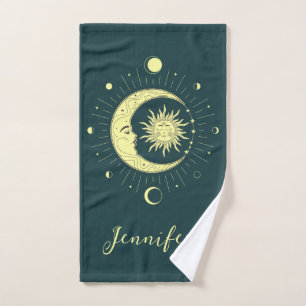 Sonne und Mond Himmelsdesign mit Mondphasen Badhandtuch Set