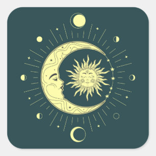 Sonne und Mond Himmelsdesign mit Mondphasen Quadratischer Aufkleber