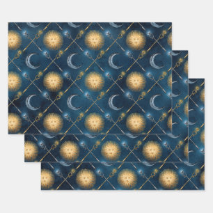 Sonne und Mond Muster auf blau Geschenkpapier Set