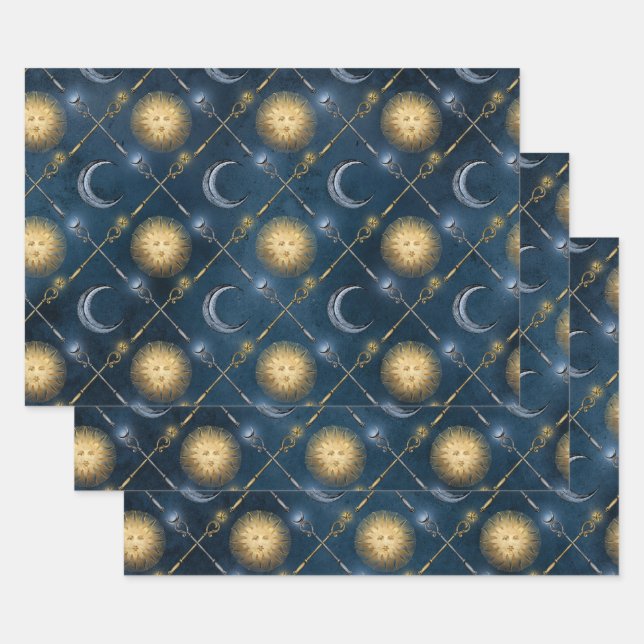 Sonne und Mond Muster auf blau Geschenkpapier Set (Set)