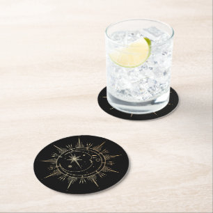 Sonne und Mond Sterne Himmelskörper Faux Gold Schw Runder Pappuntersetzer