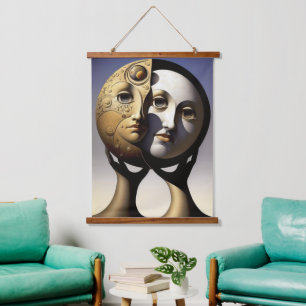 Sonne und Mond Wandteppich Mit Holzrahmen