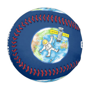 Sonnenastronaut im Weltraum und Cartoon der Erde Baseball