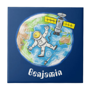 Sonnenastronaut im Weltraum und Cartoon der Erde Fliese