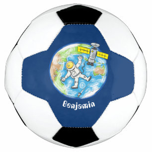 Sonnenastronaut im Weltraum und Cartoon der Erde Fußball