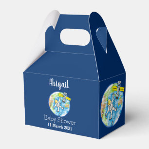 Sonnenastronaut im Weltraum und Cartoon der Erde Geschenkschachtel