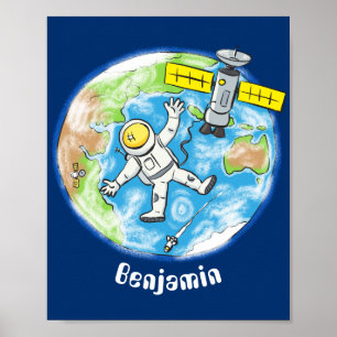 Sonnenastronaut im Weltraum und Cartoon der Erde Poster