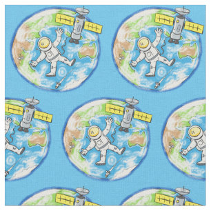 Sonnenastronaut im Weltraum und Cartoon der Erde Stoff