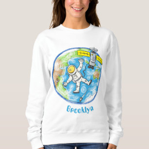 Sonnenastronaut im Weltraum und Cartoon der Erde Sweatshirt