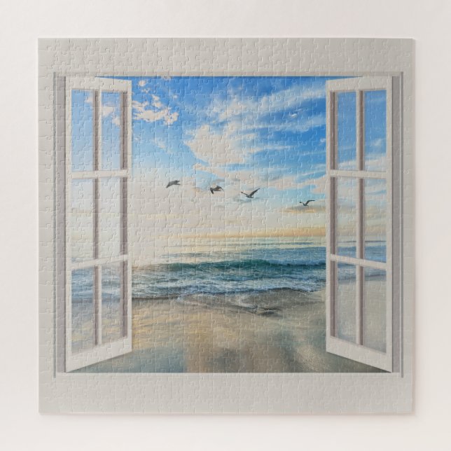 Sonnenaufgang am Meer durch das Fenster Puzzle (Vertikal)