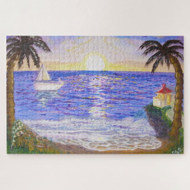 Sonnenaufgang am Ozean, Küstenlandschaft, Yacht &  Puzzle (Horizontal)