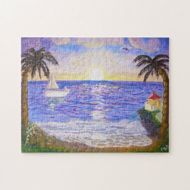 Sonnenaufgang am Ozean, Küstenlandschaft, Yacht &  Puzzle (Horizontal)
