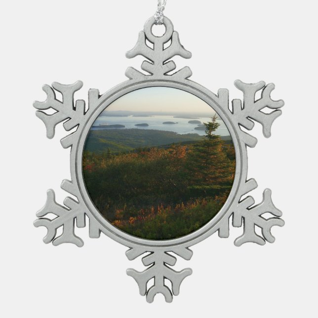 Sonnenaufgang auf dem Cadillac Mountain I Schneeflocken Zinn-Ornament (Vorderseite)