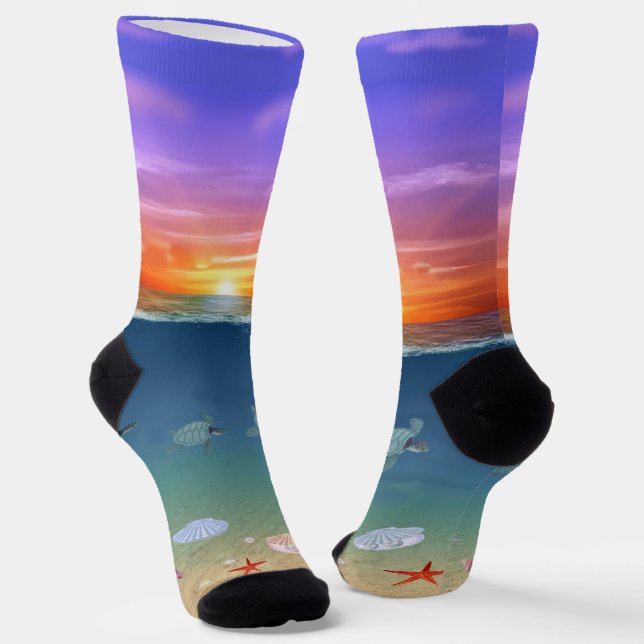 Sonnenaufgang im Ozean, Schildkröten und Perlen Socken (Gewinkelt)