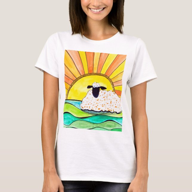 Sonnenaufgang im Wiesen Bauernhof Schafkunst T-Shirt (Vorderseite)