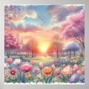 Sonnenaufgang in einem Park mit Blumen Pastell Aqu Poster