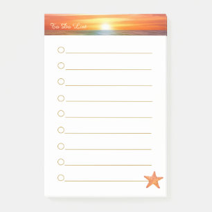Sonnenaufgang, Kalligrafie und Seestern auf weißem Post-it Klebezettel