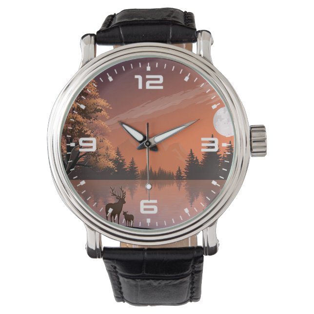 Sonnenaufgang Landschaft mit See und Deers-51207 Armbanduhr (Vorderseite)