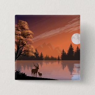 Sonnenaufgang Landschaft mit See und Deers-51207 Button