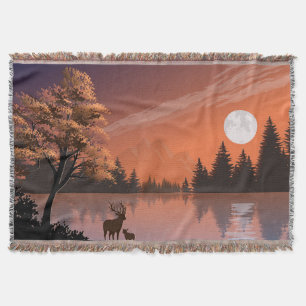 Sonnenaufgang Landschaft mit See und Deers-51207 Decke