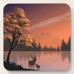 Sonnenaufgang Landschaft mit See und Deers-51207 Getränkeuntersetzer