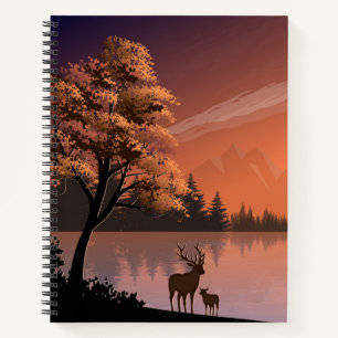 Sonnenaufgang Landschaft mit See und Deers-51207 Notizbuch