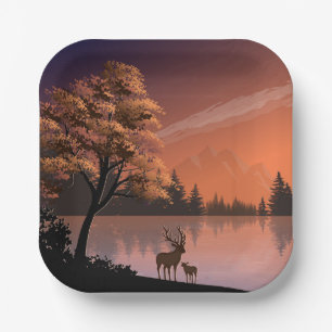 Sonnenaufgang Landschaft mit See und Deers-51207 Pappteller