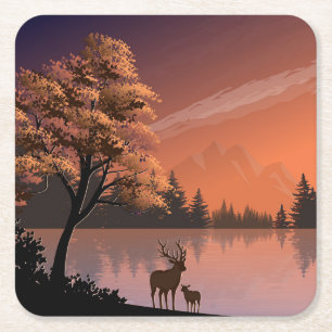 Sonnenaufgang Landschaft mit See und Deers-51207 Rechteckiger Pappuntersetzer